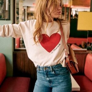 Sezane La Chamade Cream Sweatshirt with Red Heart